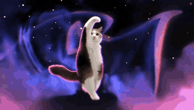 AI cat dance GIF: a calico cat dancing with its arms out in a glowing purple galaxy