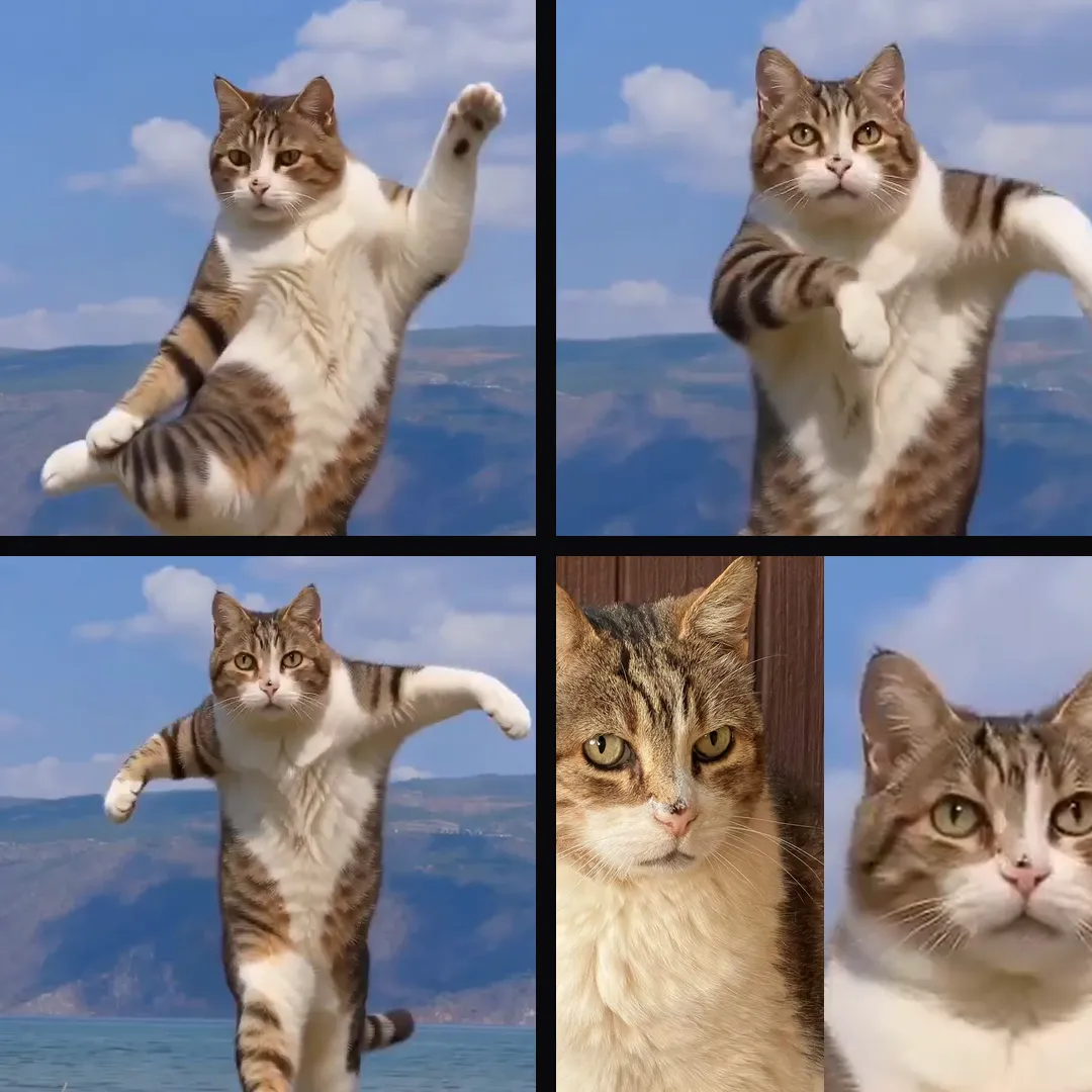 Close-ups from the AI cat dance: balancing on one foot, front legs crossing like arms, a stretched body, and the real cat's face next to the AI version