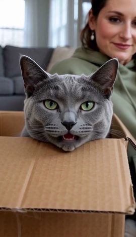 A grey cat pops its head out of a cardboard gift box in front of its smiling owner
