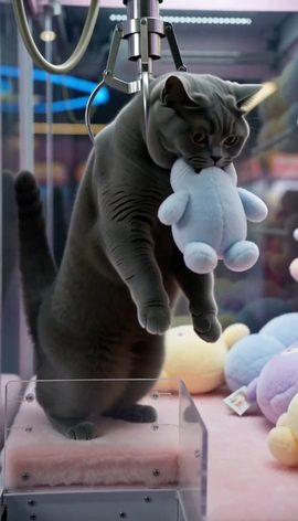 A grey cat inside a claw machine hugs a plush toy, then its owner carries out the cat and the prize