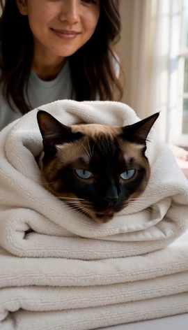 A Siamese cat wrapped in a white towel like a burrito on a stack of fresh laundry while its owner smiles