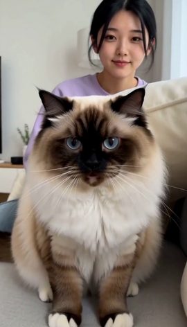 A fluffy Ragdoll cat sits in plain view on the sofa while its owner searches under the cushions
