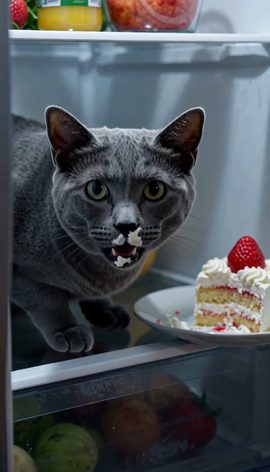 A grey cat sits inside an open fridge next to a slice of strawberry cake as its owner opens the door