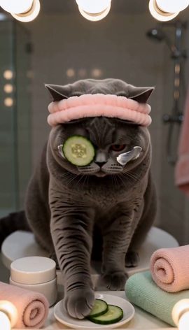 A grey cat in a pink headband with cucumber slices on its eyes eats the cucumber at a spa vanity