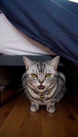 A silver tabby cat hides under the bed and stares out while its owner kneels with a pet carrier