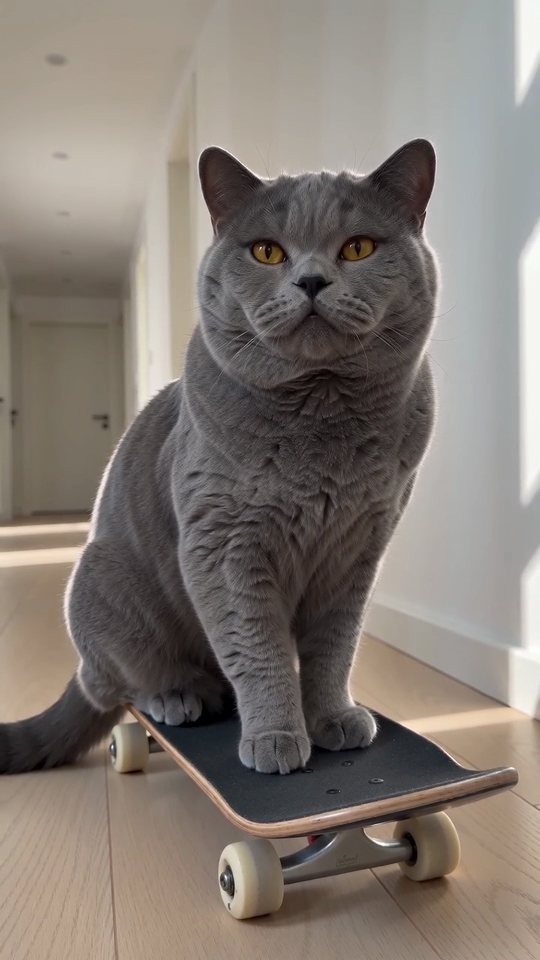 A grey cat on a skateboard in a hallway
