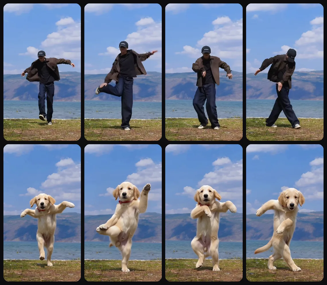 Four moments of the dance: the dancer on top, the puppy made with Seedance doing the same move below