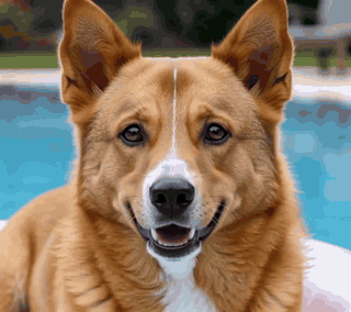 A corgi by a swimming pool talks straight to the camera, mouth moving with every word