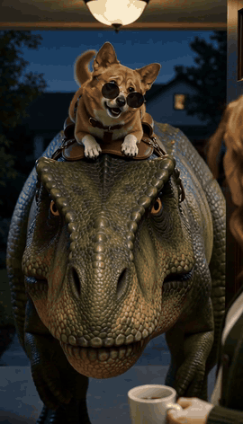 A small dog in sunglasses rides a T-rex up to a front door at night