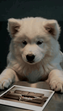 A fluffy white puppy at an interrogation table with a photo of a shredded couch, while its owner rubs his face