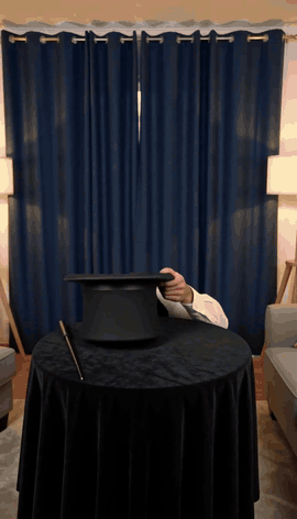 A dachshund on a magician's table, with only a man's head sticking out of the top hat next to it