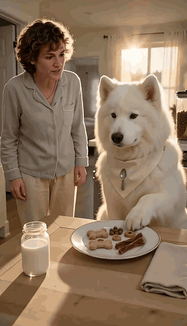 A white Samoyed sets a plate of kibble and a glass of milk in front of its owner at the kitchen table