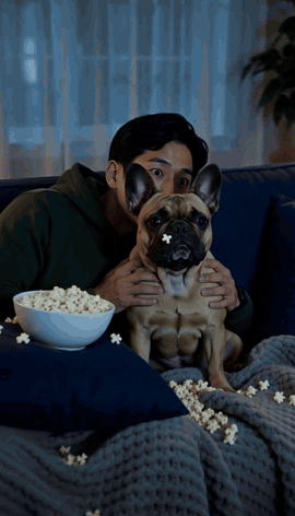 A wide-eyed man holds a French bulldog up in front of his face like a shield during a scary movie