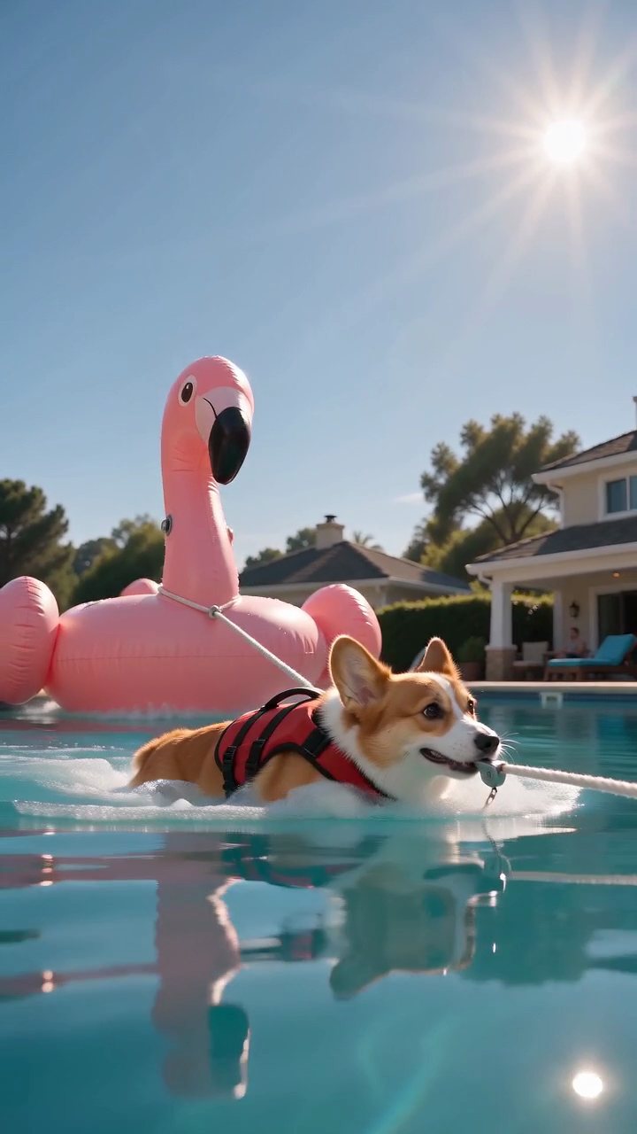A corgi in a red lifeguard vest towing a pink inflatable flamingo across a pool