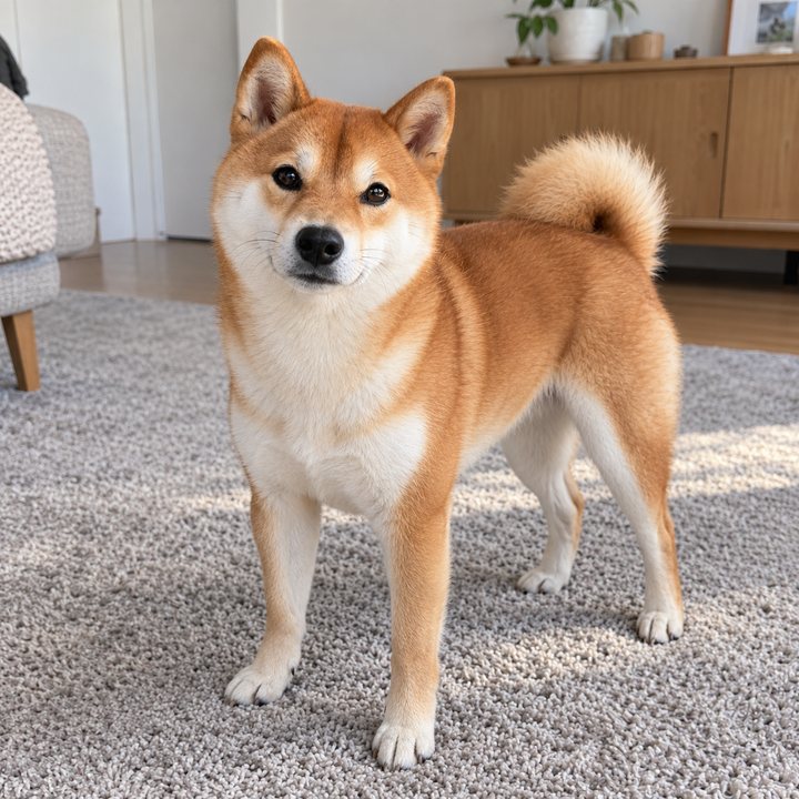 A dog photo: a shiba standing on a rug