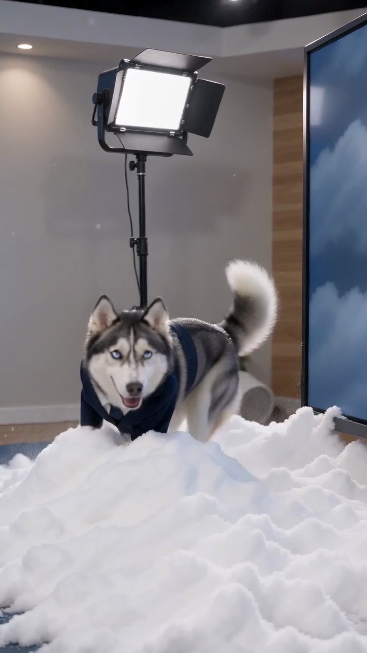 The finished dog video: a husky in a blazer playing in a studio full of snow