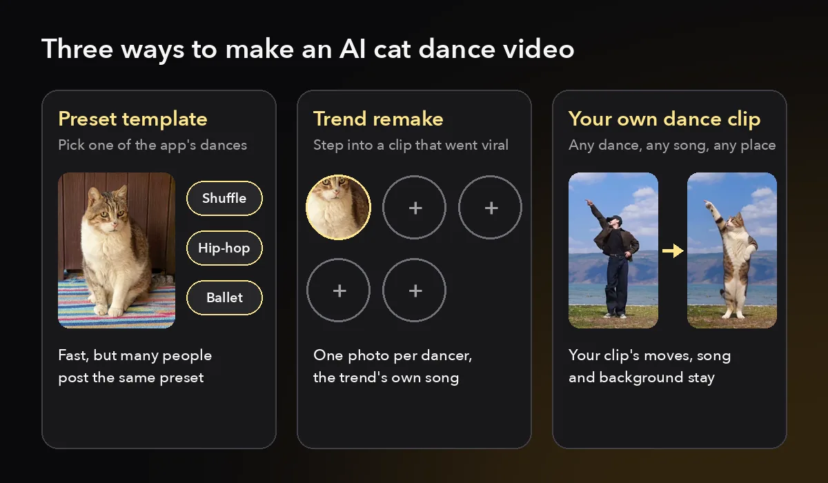 Chart comparing three ways to make an AI cat dance video: a preset template, a trend remake and your own dance clip