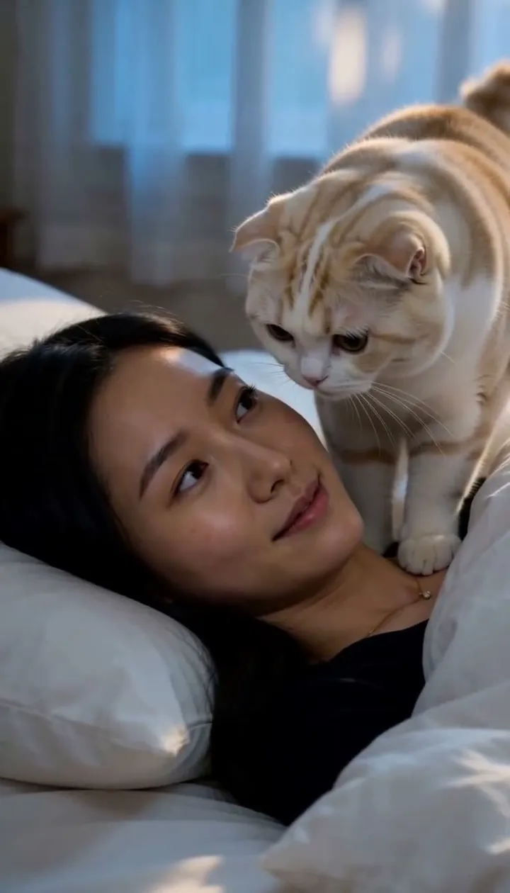 A cream Scottish Fold cat leans over a woman lying in bed at dawn, its face close to hers