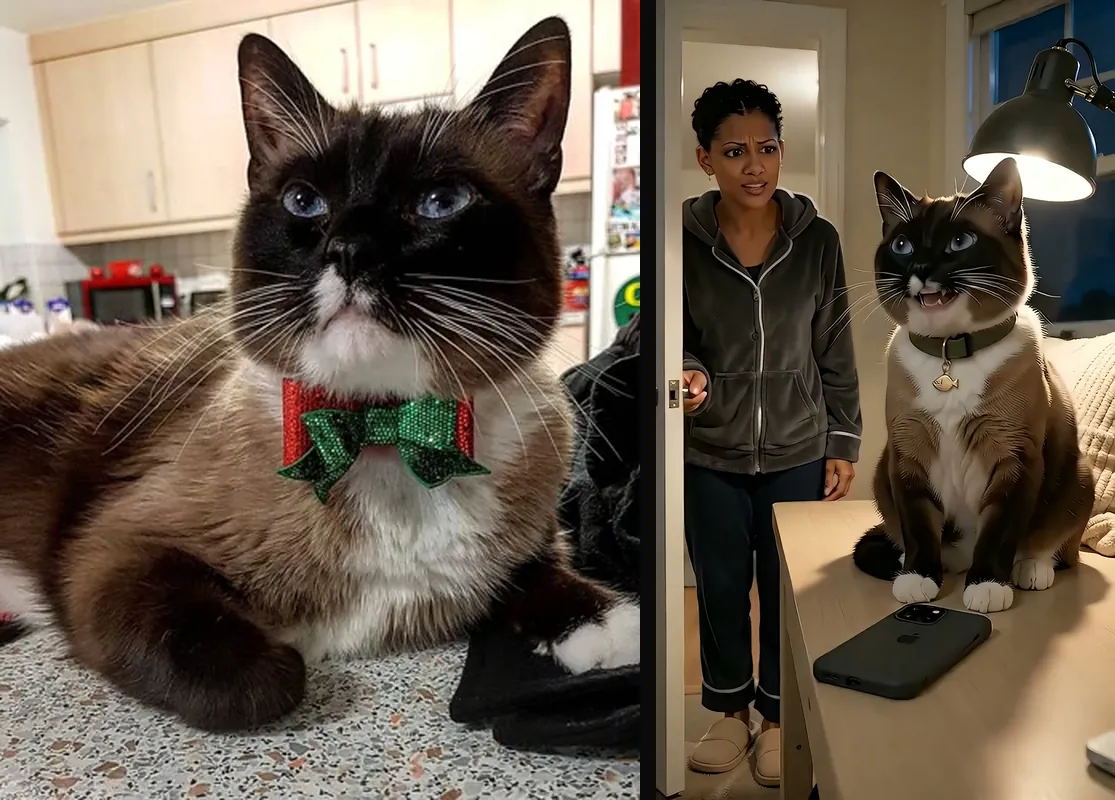 The uploaded photo of a seal-and-white cat in a Christmas bow tie, next to a frame from the AI video where the same cat sits on a desk beside a phone