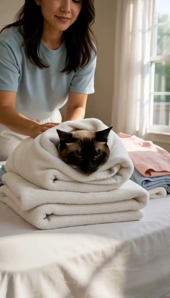 A Siamese cat wrapped in a white towel like a burrito on top of a stack of laundry