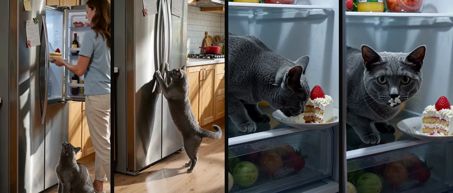 Four frames from one AI video of a grey cat: a woman puts cake in the fridge while the cat watches, the cat paws at the fridge door, the cat eats the cake inside the fridge, the cat stares out with cream on its face