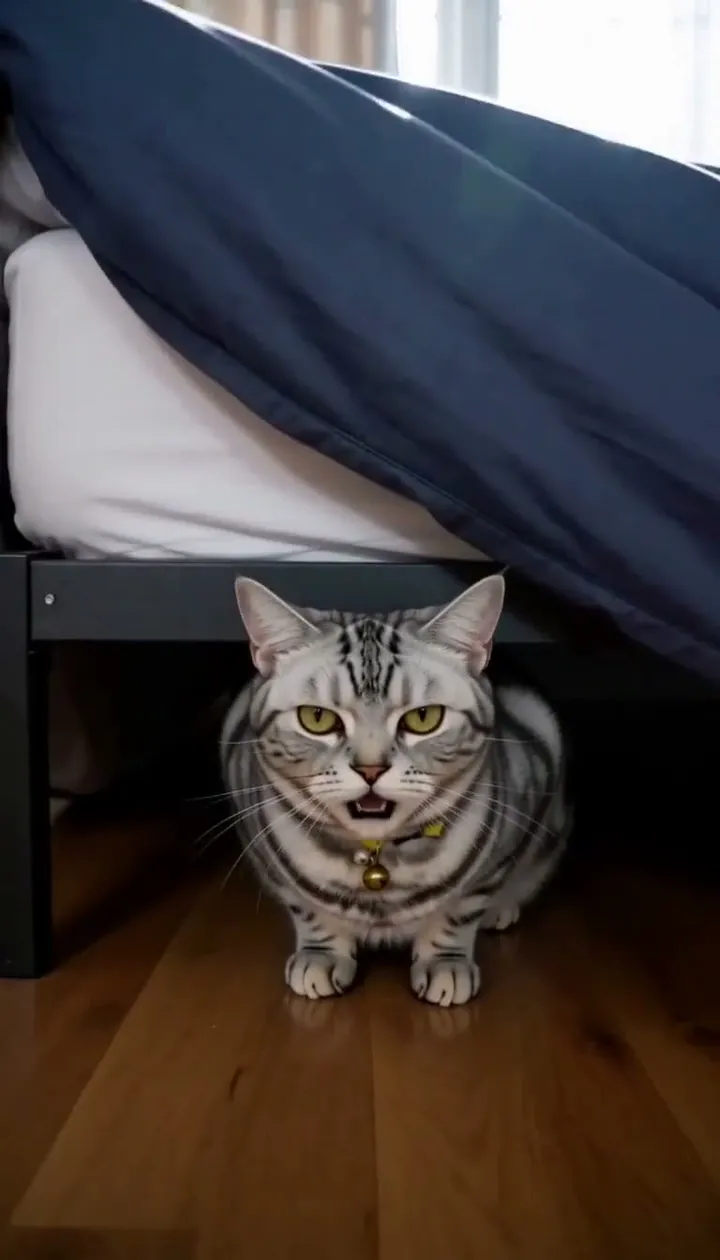 A silver tabby cat crouches under a bed with the duvet lifted, looking straight at the camera
