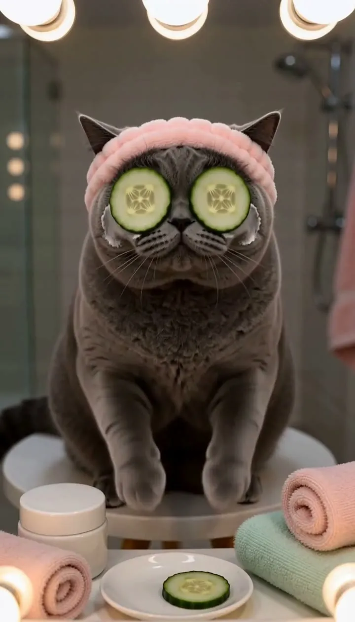 A grey cat with a pink headband and cucumber slices over its eyes sits at a bathroom vanity with towels and face cream
