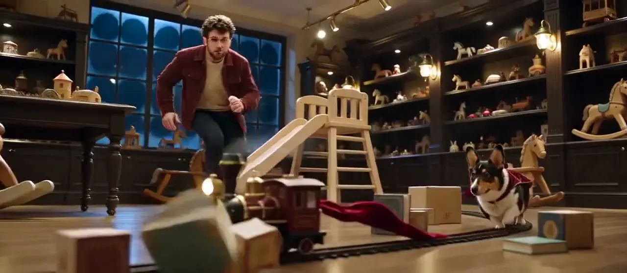 An owner chasing a runaway toy train with a corgi, one of three AIPet films in this reel