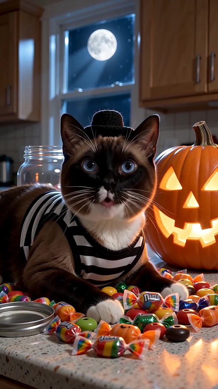 AI-generated Halloween pet video: cat in a striped burglar shirt and tiny hat next to spilled candy and a glowing jack-o'-lantern