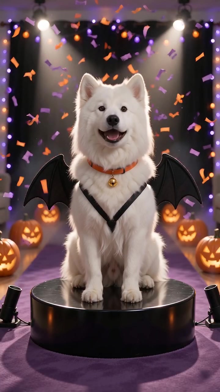 AI-generated Halloween pet video: white dog in bat-wing costume on a runway podium with confetti