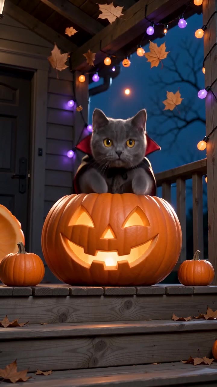 Cat in a vampire cape popping up from a carved Halloween pumpkin on a porch, from the AIPet Pumpkin Ambush template