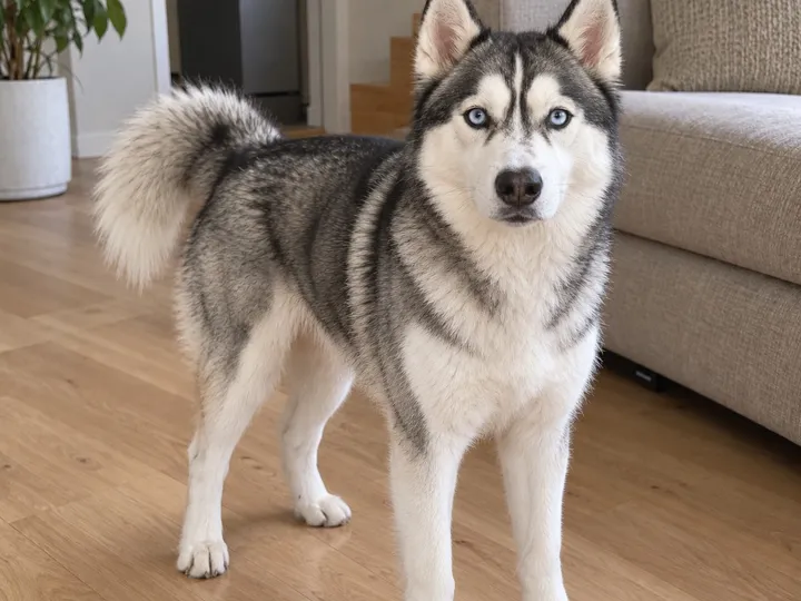 A dog photo: a husky standing in a living room