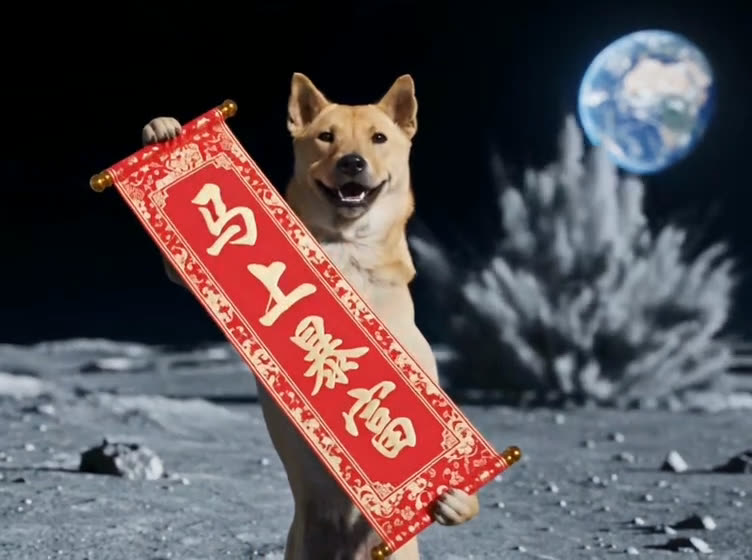 A dog standing on the moon holding a red lucky banner, with the Earth behind it